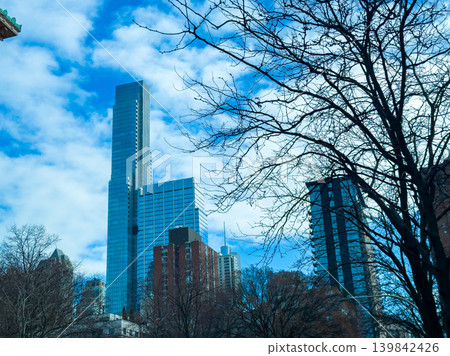 Tall buildings in a city under a bright cloudy sky with bare trees in the foreground, showing the contrast between nature and urban life Tall buildings in a city under a bright cloudy sky with bare trees in the foreground, showing the contrast between nature and urban life 139842426