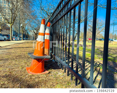 Traffic cones placed next to a black metal fence in a park area during daytime under clear blue skies 139842519