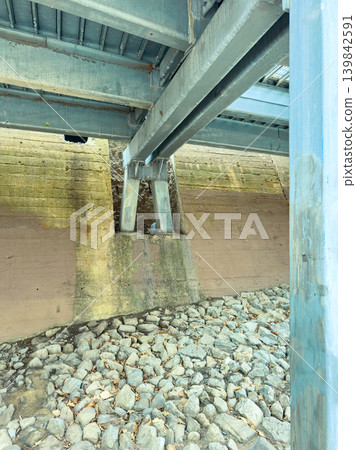 View of support beams and concrete wall under a bridge with rocks on the ground during daytime View of support beams and concrete wall under a bridge with rocks on the ground during daytime 139842591