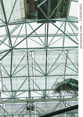 Unique view of a glass roof structure showing metal beams and sky with plants around in a modern building during daylight Unique view of a glass roof structure showing metal beams and sky with plants around in a modern building during daylight 139842903