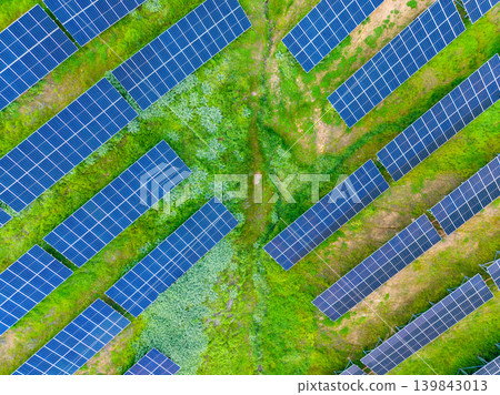 Solar panels cover a large area of green land in a renewable energy farm during daylight hours showcasing the adoption of solar power technology Solar panels cover a large area of green land in a renewable energy farm during daylight hours showcasing the adoption of solar power technology 139843013