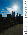 City skyline under clear sky during daytime with sunlight shining on tall buildings and cloud patterns in the background near the water 139843055