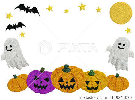 [Ghost Pumpkin, Bat, and Moon Horizontal Frame] Hand Embroidery Illustration Material 139843079