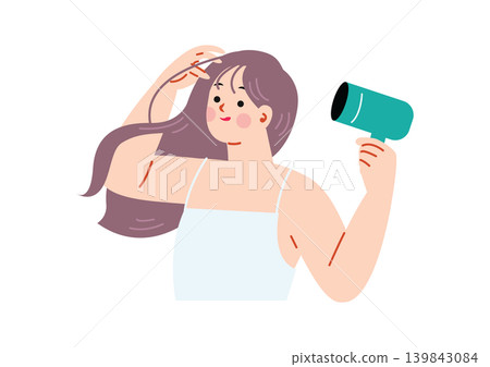 一個女人用吹風機吹乾她的頭髮的插圖 一個女人用吹風機吹乾她的頭髮的插圖 139843084