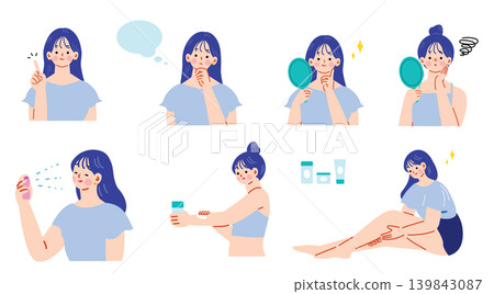一組描繪女性進行身體護理的插圖。 一組描繪女性進行身體護理的插圖。 139843087