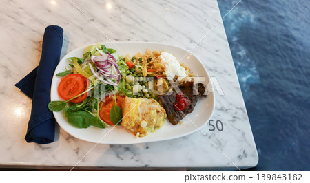 Dining Room Buffet aboard the abstract luxury cruise ship. Healthy breakfast at modern liner concept 139843182
