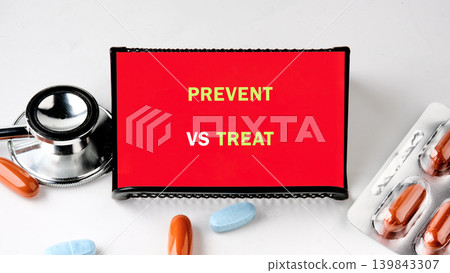 Medical supplies frame a display showing PREVENT VS TREAT Medical supplies frame a display showing PREVENT VS TREAT 139843307