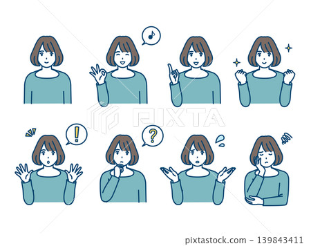 A set of illustrations depicting various emotions of young women. A set of illustrations depicting various emotions of young women. 139843411