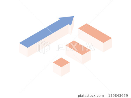 A simple bar graph and arrow set in an isometric illustration (red and blue). A simple bar graph and arrow set in an isometric illustration (red and blue). 139843659
