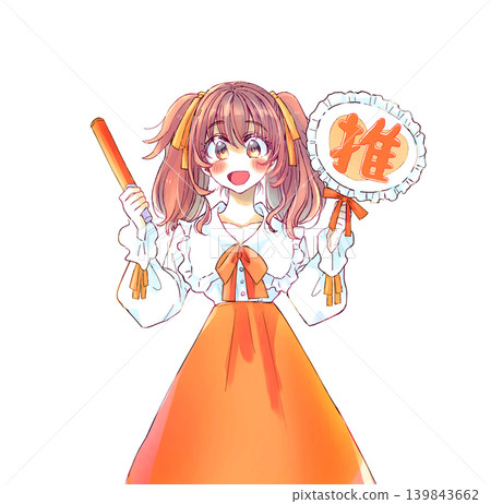 一名女子手持扇子和螢光棒,參與與她最喜歡的偶像(橙色)相關的粉絲活動。 一名女子手持扇子和螢光棒,參與與她最喜歡的偶像(橙色)相關的粉絲活動。 139843662