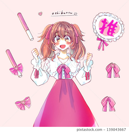 A woman in a Lolita dress, looking happy with both hands clenched into fists, wearing red merchandise. 139843667