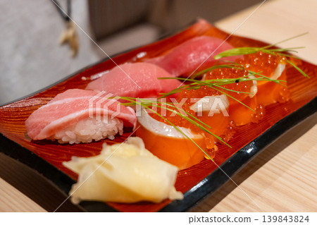Nigiri sushi served in a traditional restaurant in Tokyo, Japan Nigiri sushi served in a traditional restaurant in Tokyo, Japan 139843824