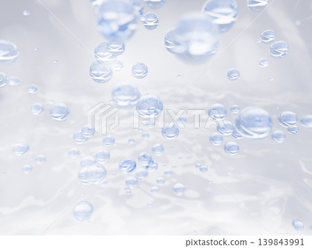 Light blue water bubbles on clear gel texture 3d background. Floating cosmetic soap spheres, liquid detergent, fizzy drink pattern. Collagen serum drops, foam shampoo or oxygen bleach. 3D illustration Light blue water bubbles on clear gel texture 3d background. Floating cosmetic soap spheres, liquid detergent, fizzy drink pattern. Collagen serum drops, foam shampoo or oxygen bleach. 3D illustration 139843991