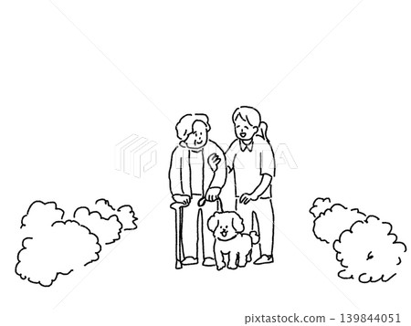 Life with the elderly and nurses (caregivers), dogs, line drawings 139844051
