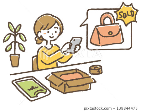 一位女士正在使用跳蚤市場應用程式發布商品資訊。 一位女士正在使用跳蚤市場應用程式發布商品資訊。 139844473