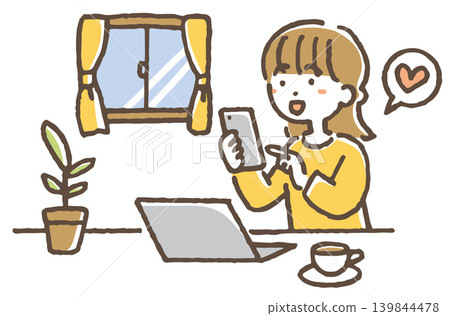 一幅插圖，描繪了一位女士在社交媒體上按讚一條貼文。這份工作的內容是管理社群媒體帳號。 139844478