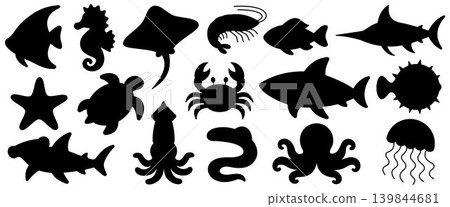 Black sea animal silhouette set illustration, marine life shapes with shark, turtle, crab, octopus, jellyfish, fish and seahorse for sticker, logo, print and apparel design 139844681
