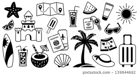 Black summer travel icon set illustration, beach vacation clipart collection with palm tree, suitcase, passport, drinks, sunscreen, sunglasses, shell, starfish and tropical holiday elements Black summer travel icon set illustration, beach vacation clipart collection with palm tree, suitcase, passport, drinks, sunscreen, sunglasses, shell, starfish and tropical holiday elements 139844682