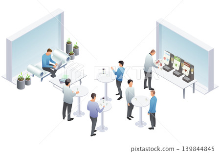 Isometric office lounge area with people talking during coffee break. Vector illustration. Isometric office lounge area with people talking during coffee break. Vector illustration. 139844845