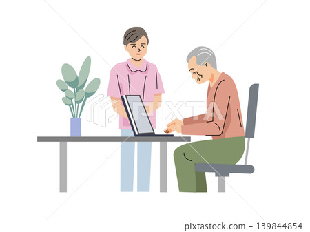 「溫柔福利與關懷向量系列」：老人學習使用電腦，護理師在旁照顧。 139844854