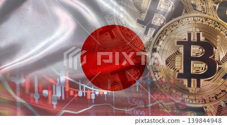 Japanese flag with Bitcoins in the background. Bitcoin cryptocurrency with Japan flag, Investors in Blockchain Technology Japanese flag with Bitcoins in the background. Bitcoin cryptocurrency with Japan flag, Investors in Blockchain Technology 139844948