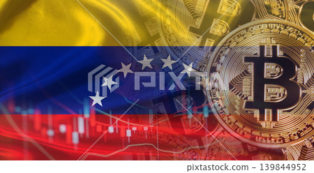 Bitcoin cryptocurrency with Venezuela flag, Investors in Blockchain Technology. Venezuelan flag with Bitcoins in the background 139844952