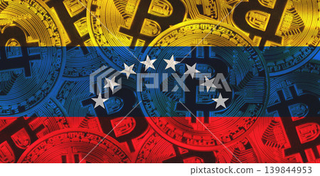 Venezuelan flag with Bitcoins in the background. Bitcoin cryptocurrency with Venezuela flag, Investors in Blockchain Technology Venezuelan flag with Bitcoins in the background. Bitcoin cryptocurrency with Venezuela flag, Investors in Blockchain Technology 139844953