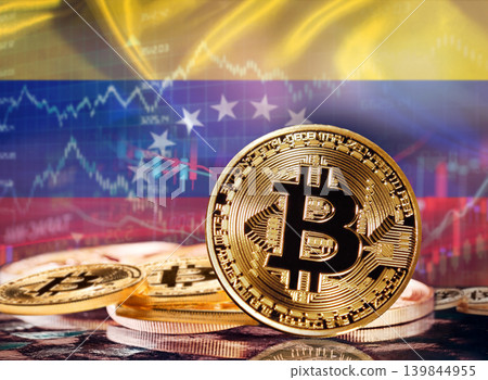 Bitcoin with Venezuelan flag in the background. Investors in cryptocurrency and Blockchain Technology in Venezuela, Concept Bitcoin with Venezuelan flag in the background. Investors in cryptocurrency and Blockchain Technology in Venezuela, Concept 139844955