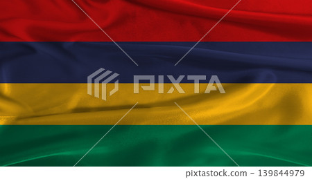 Flag of Mauritius with fabric textured background. Close up of National flag of Mauritius with realistic texture Flag of Mauritius with fabric textured background. Close up of National flag of Mauritius with realistic texture 139844979