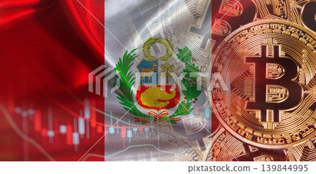 Bitcoin cryptocurrency with Peru flag, Investors in Blockchain Technology. Peruvian flag with Bitcoins in the background Bitcoin cryptocurrency with Peru flag, Investors in Blockchain Technology. Peruvian flag with Bitcoins in the background 139844995