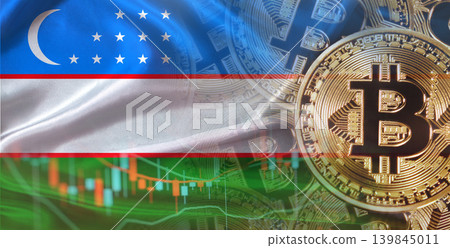 Uzbek flag with Bitcoins in the background. Bitcoin cryptocurrency with Uzbekistan flag, Investors in Blockchain Technology 139845011