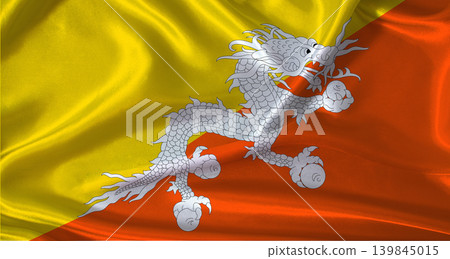National flag of Bhutan with cloth texture. Bhutan flag with realistic texture background National flag of Bhutan with cloth texture. Bhutan flag with realistic texture background 139845015