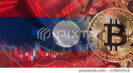 Bitcoin cryptocurrency with Laos flag, Investors in Blockchain Technology. Laotian flag with Bitcoins in the background Bitcoin cryptocurrency with Laos flag, Investors in Blockchain Technology. Laotian flag with Bitcoins in the background 139845016