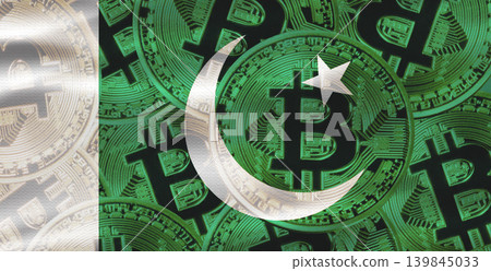 Pakistani flag with Bitcoins in the background. Bitcoin cryptocurrency with Pakistan flag, Investors in Blockchain Technology Pakistani flag with Bitcoins in the background. Bitcoin cryptocurrency with Pakistan flag, Investors in Blockchain Technology 139845033