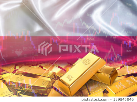 Gold bars on Polish flag in background. Gold bars stacked on Polish flag. Concept of Poland gold reserves 139845046