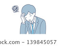 An illustration of a young businessman with his head in his hands, troubled. 139845057