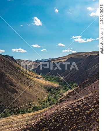 Vast valley in the Altai Mountains. Steep, brown slopes descend to a narrow green strip, with distant hills under a brilliant blue sky Vast valley in the Altai Mountains. Steep, brown slopes descend to a narrow green strip, with distant hills under a brilliant blue sky 139845088