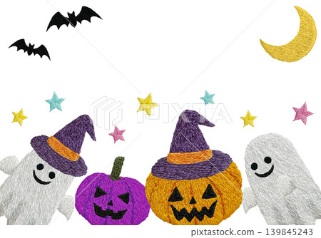 [Ghost Pumpkin, Bat, and Moon Horizontal Frame] Hand Embroidery Illustration Material 139845243