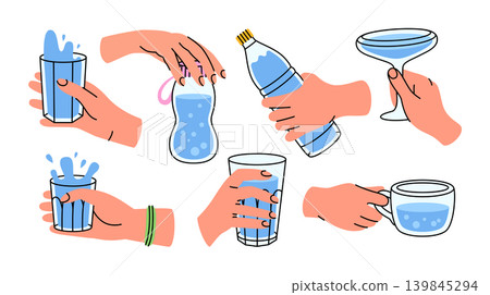 Colorful illustrations of different positions of human hands holding glass containers with lids with water in cartoon linear style. Icons of a bottle, a glass, a cup, a jar, a shot glass, a container. 139845294