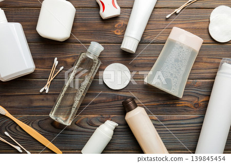 Mockup for bathing products top view flat lay, spa razor, toothpaste, soap, gel and other various accessories. Cosmetics for skin health. Bath Mockup for your logo Mockup for bathing products top view flat lay, spa razor, toothpaste, soap, gel and other various accessories. Cosmetics for skin health. Bath Mockup for your logo 139845454