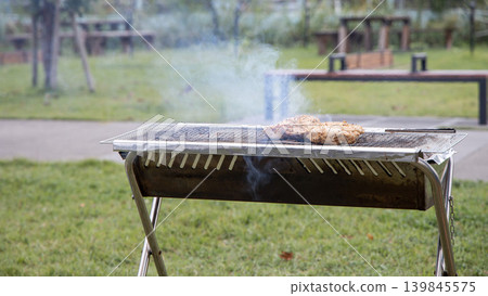Charcoal grills in the park, meat, and smoke Charcoal grills in the park, meat, and smoke 139845575