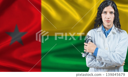 Bissau Guinean national health system, Medical professional on Guinea Bissau flag background Bissau Guinean national health system, Medical professional on Guinea Bissau flag background 139845679