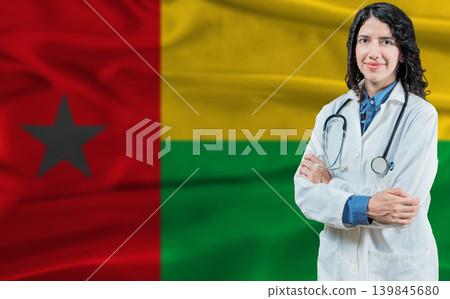 Bissau Guinean medicine and healthcare concept. Doctor close up against Guinea Bissau flag background 139845680