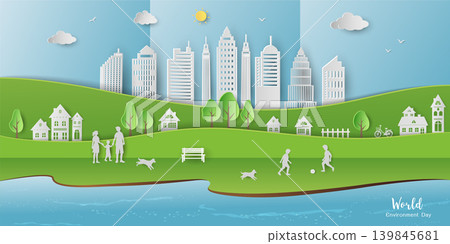 Poster campaign of world environment day, Family balance between nature and city life on paper art background Poster campaign of world environment day, Family balance between nature and city life on paper art background 139845681