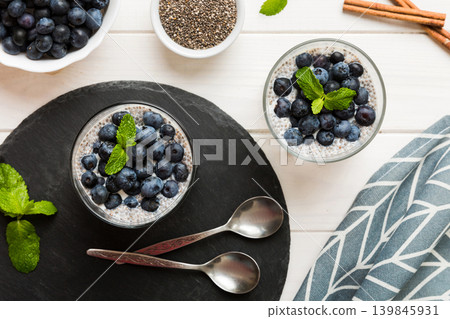 Healthy breakfast or morning with chia seeds vanilla pudding and blueberry berries on table background, vegetarian food, diet and health concept. Chia pudding with coconut milk and blueberry 139845931