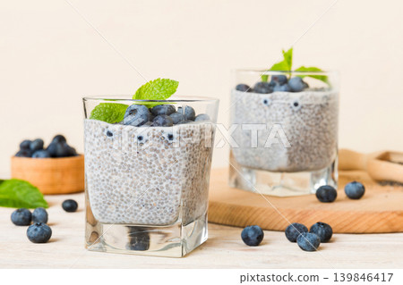 Healthy breakfast or morning with chia seeds vanilla pudding and blueberry berries on table background, vegetarian food, diet and health concept. Chia pudding with coconut milk and blueberry Healthy breakfast or morning with chia seeds vanilla pudding and blueberry berries on table background, vegetarian food, diet and health concept. Chia pudding with coconut milk and blueberry 139846417