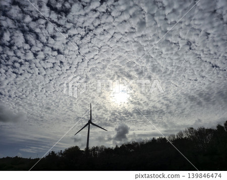 Wind Farm Rotor Silhouette Under Cloudy Sky 139846474