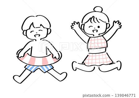 穿著泳裝的快樂男孩和女孩 | 夏季兒童插畫 穿著泳裝的快樂男孩和女孩 | 夏季兒童插畫 139846771