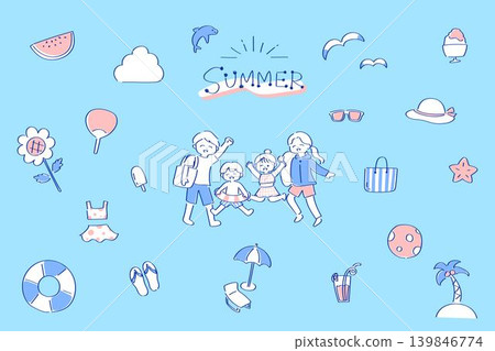 一組插圖，描繪了家庭享受夏季休閒活動和夏季用品的場景。 139846774