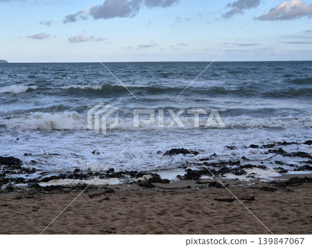 Empty Ocean Beach With Stormy Waves Background Empty Ocean Beach With Stormy Waves Background 139847067